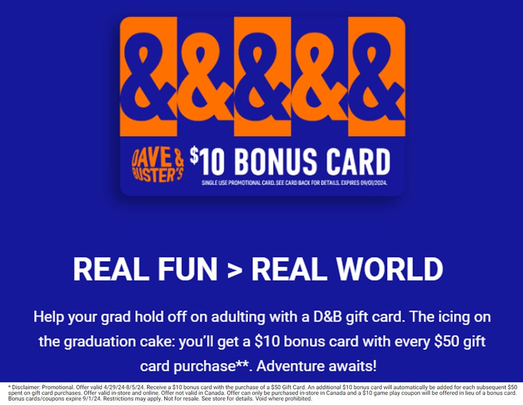 Free Dave & Busters $10 Gift Card
