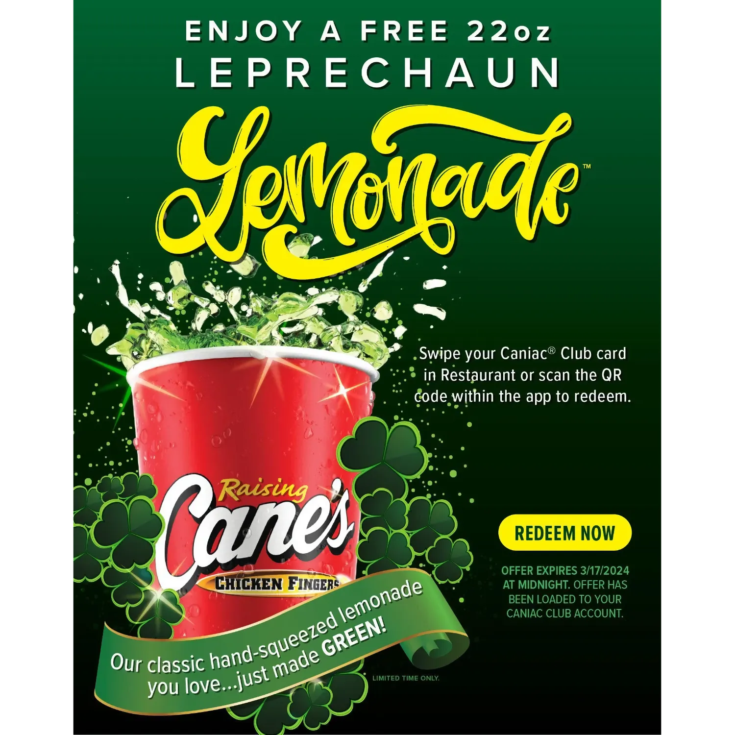 Free 22-Ounce Leprechaun Lemonade At Raising Cane