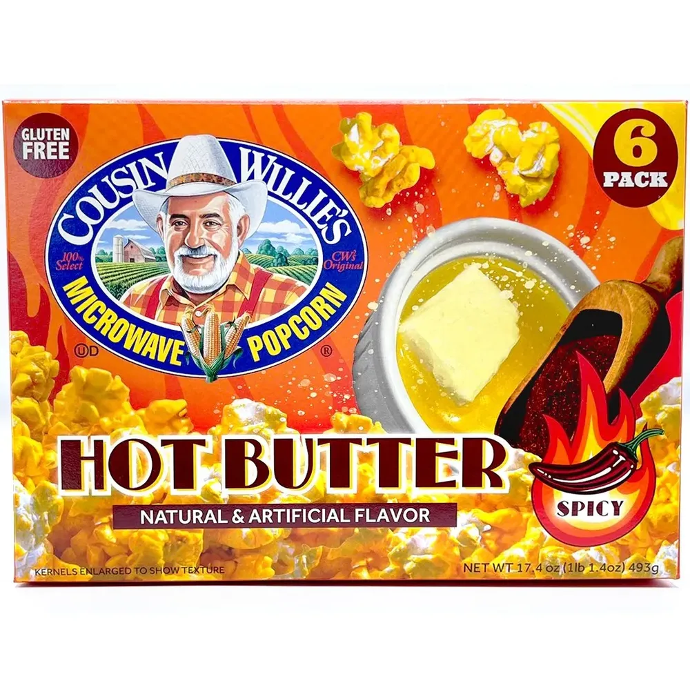 Free 3-pack of Cousin Willie’s Hot Butter Microwave Popcorn